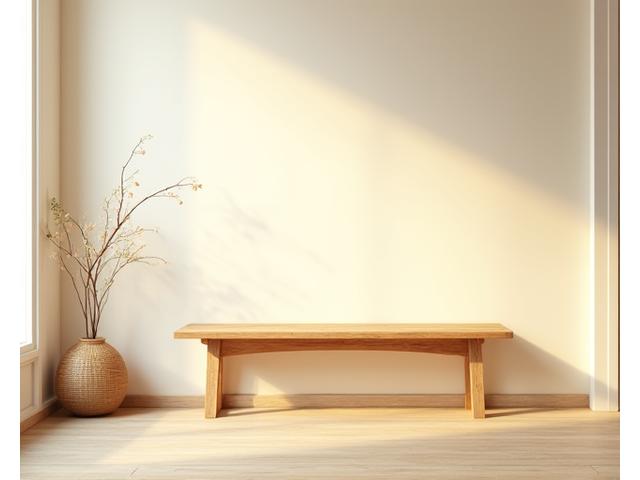 玄関に置かれたミニマリストな木製ベンチ