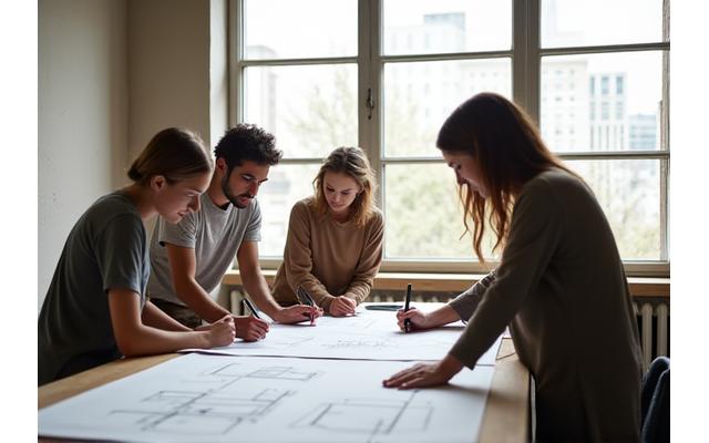 Enban Livingのデザインスタジオで家具の設計図を見つめるデザイナーたち